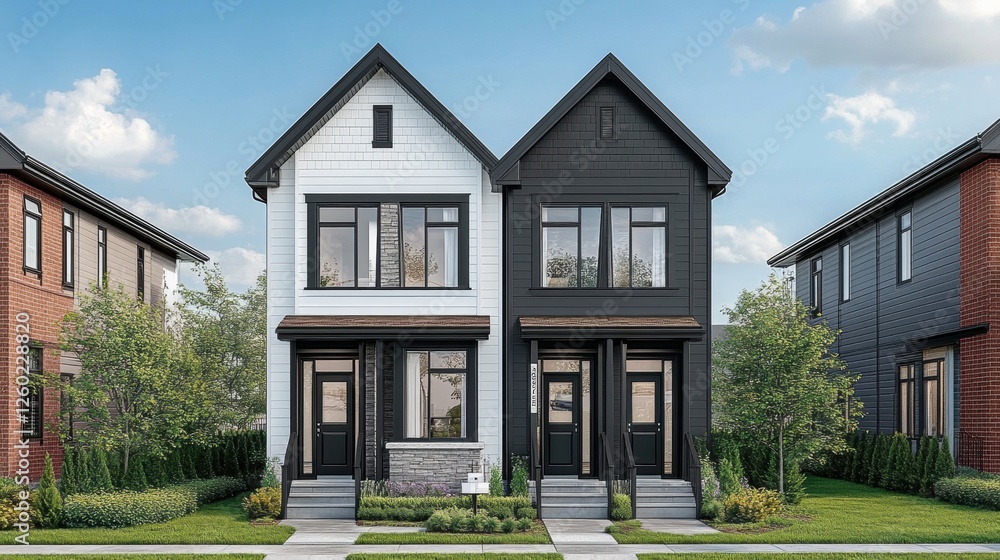 Obraz premium Modern Duplex Houses with Stylish Facades Surrounded by Lush Greenery and Bright Sky