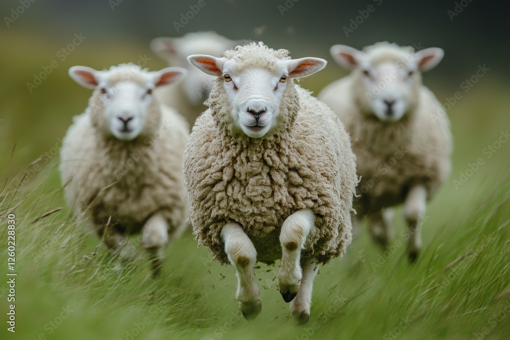 Naklejka premium A dynamic image of sheep running energetically across a lush green meadow, capturing the essence of farm life.