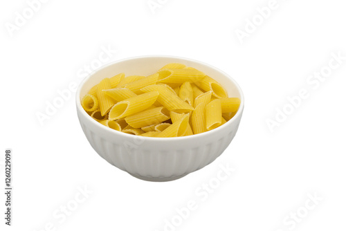 Uncooked dry penne in white ceramic bowl, isolated on an white background, penne , pasta for cooking.