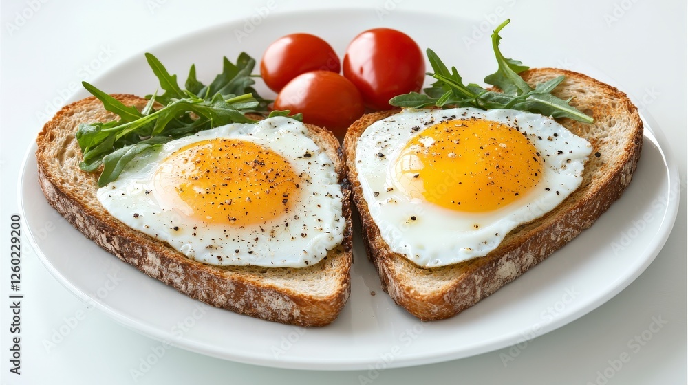 Heart-Shaped Toast with Fried Eggs, Cherry Tomatoes, and Fresh Arugula on a White Plate for a Romantic Breakfast Heart-Shaped Toast with Fried Eggs, Cherry Tomatoes, and Fresh Arugula on a White Plate for a Romantic Breakfast