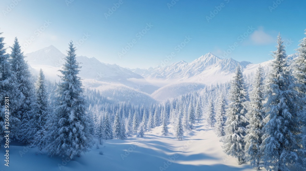Winter mountain landscape with snow-covered trees. Featuring a clear blue sky and a distant mountain range. Highlighting the beauty of winter nature. Ideal for travel brochures. Winter mountain landscape with snow-covered trees. Featuring a clear blue sky and a distant mountain range. Highlighting the beauty of winter nature. Ideal for travel brochures.