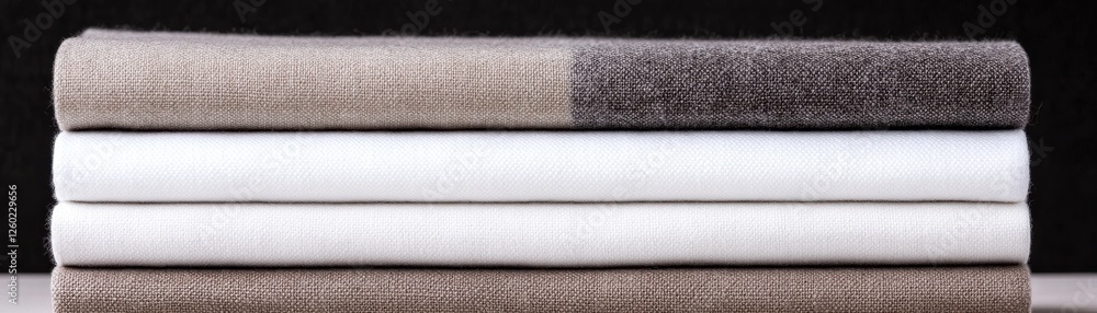A neatly arranged stack of towels in neutral colors, showcasing a mix of textures and patterns against a dark background. A neatly arranged stack of towels in neutral colors, showcasing a mix of textures and patterns against a dark background.