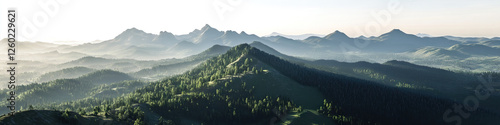 Panoramic View of Forested Mountains at Sunrise