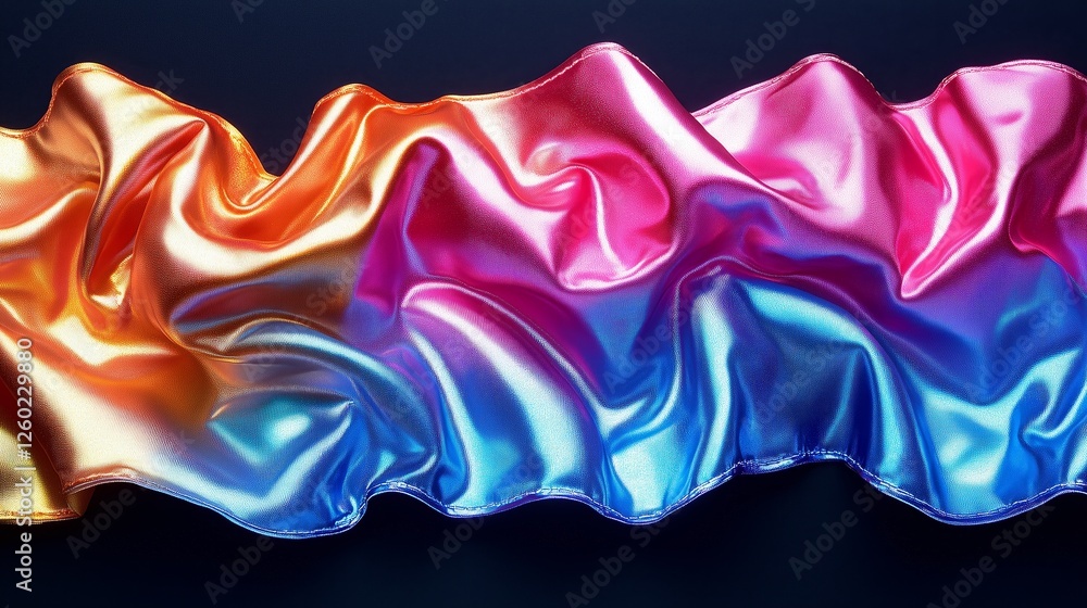Abstract close-up of flowing satin fabric in vibrant multicolors, showcasing a mesmerizing blend of orange, pink, and blue hues.