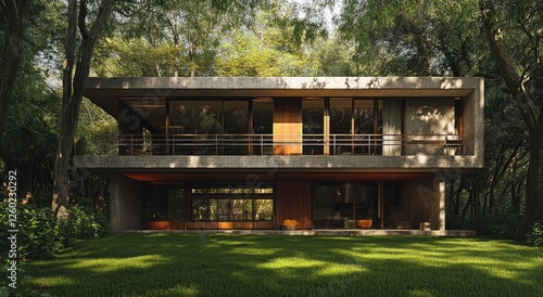 a modern house with two floors, one floor in a light gray color and the second in wooden cladding photo