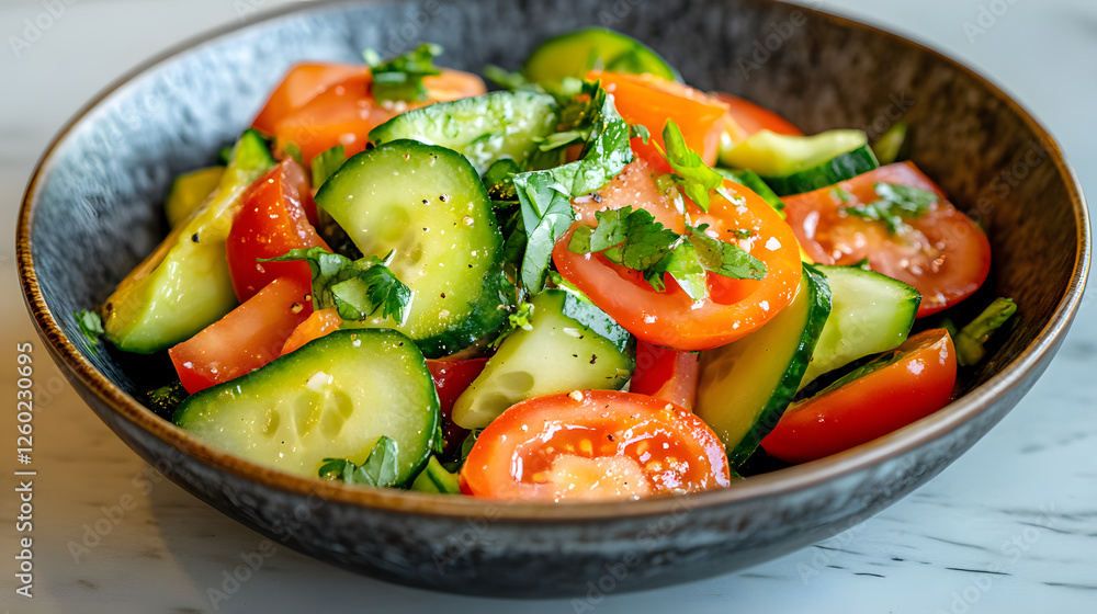 Ultra-detailed close-up of a cucumber, tomato, and avocado salad with fresh ingredients.
Ultra-detailed close-up of a cucumber, tomato, and avocado salad with fresh ingredients.