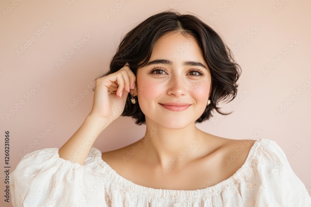 Young Woman Smiling in Minimalist Setting With Pink Backdrop Showcasing Elegance and Joy in a Serene Moment Young Woman Smiling in Minimalist Setting With Pink Backdrop Showcasing Elegance and Joy in a Serene Moment