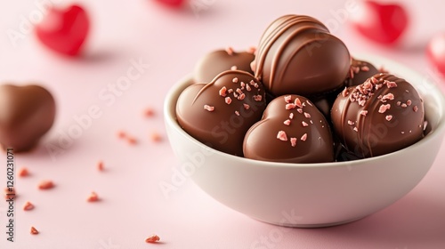 A bowl filled with heart-shaped chocolates adorned with sprinkles, set against a soft pink background, evoking feelings of love and indulgence. photo