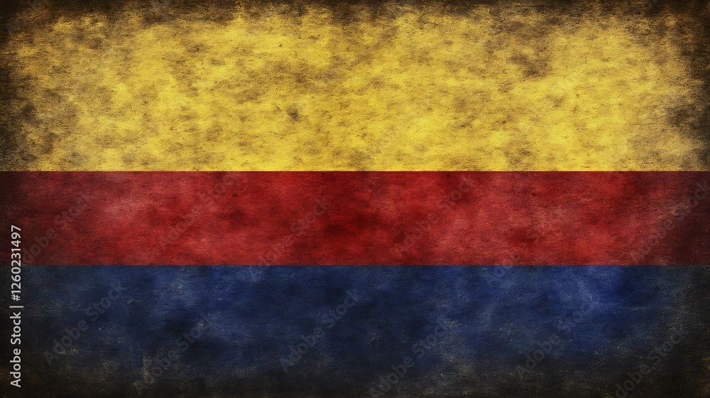 Aged Tricolor Flag Richly Textured Yellow Red Blue Patina. AI Generated