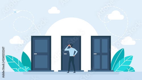 A man is standing in front of three doors and having a choice. Concept of man choosing the right door. Man standing in front of three doors, unable to make the right decision. Vector illustration