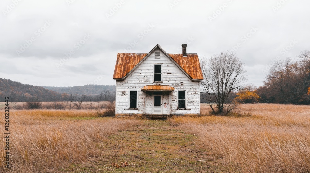 Abandoned rustic farmhouse with weathered wooden roof in overgrown field under cloudy sky and distant hills Abandoned rustic farmhouse with weathered wooden roof in overgrown field under cloudy sky and distant hills