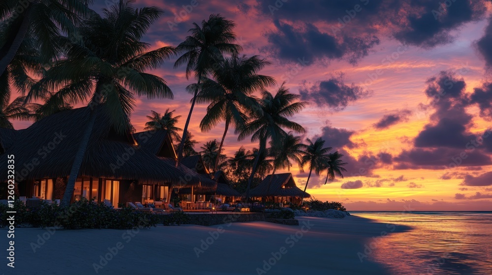 Obraz premium Tropical beach bungalows sunset ocean vacation