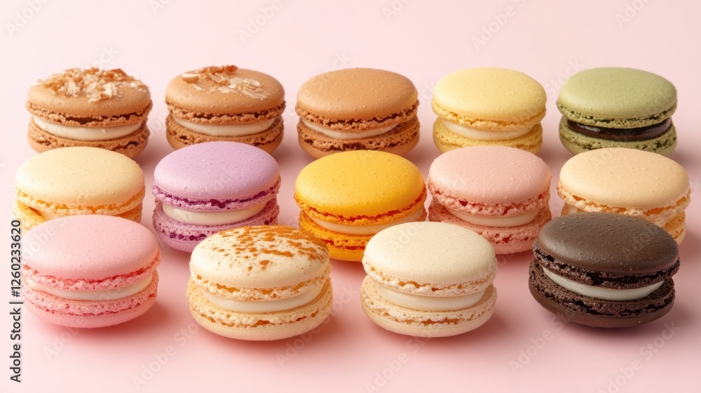 Colorful macarons on pink background, sweet treat, dessert assortment, food photography, baking Colorful macarons on pink background, sweet treat, dessert assortment, food photography, baking
