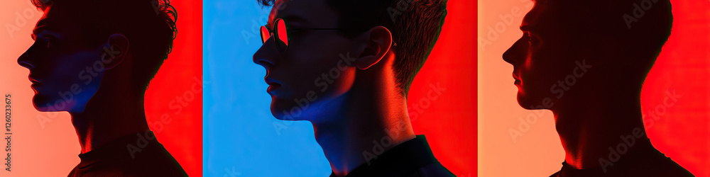 Three Male Profiles in Red and Blue Lighting Three Male Profiles in Red and Blue Lighting