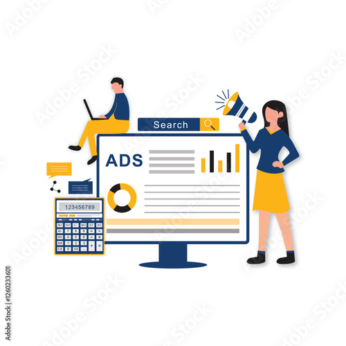 Adword campaign concept, Search marketing, PPC advertising banner. Flat cartoon design 