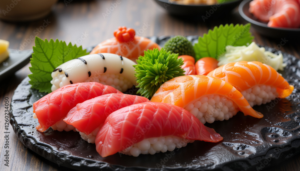 Colorful sushi platter with fresh fish and garnishes, culinary art Colorful sushi platter with fresh fish and garnishes, culinary art