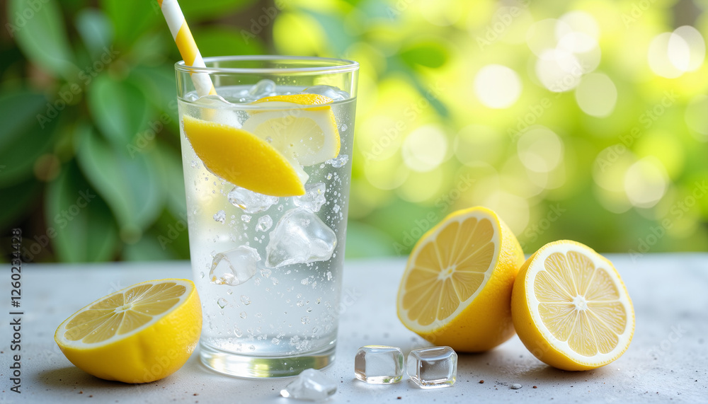 Refreshing sparkling water with lemon slices and ice cubes, summer hydration Refreshing sparkling water with lemon slices and ice cubes, summer hydration