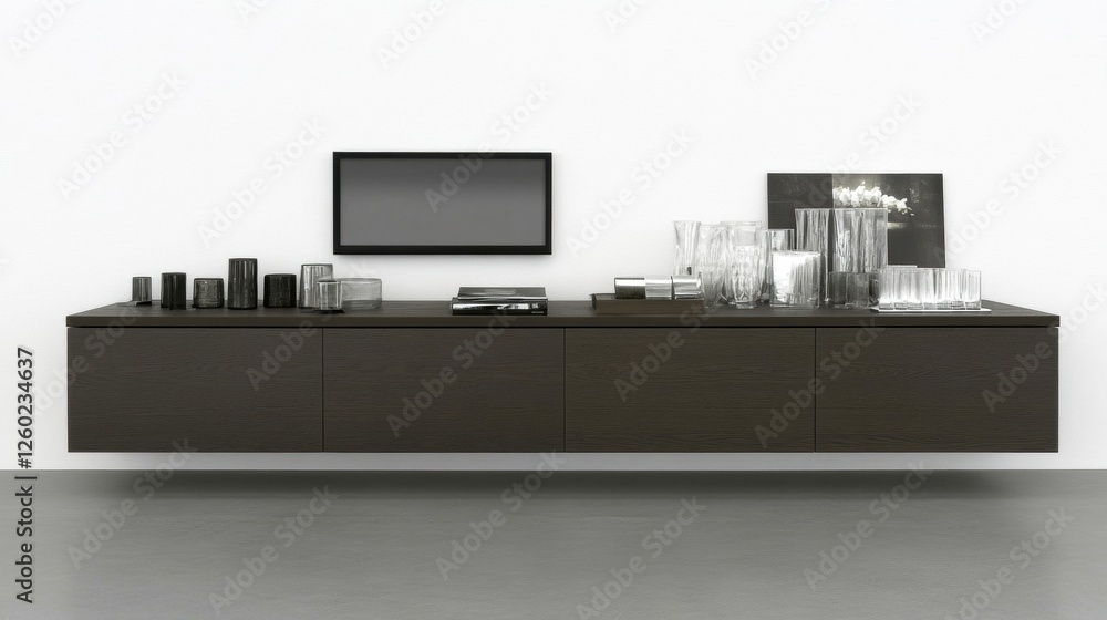 Contemporary Minimalist Storage Shelf with Glassware and Electronics in Modern Interior Contemporary Minimalist Storage Shelf with Glassware and Electronics in Modern Interior