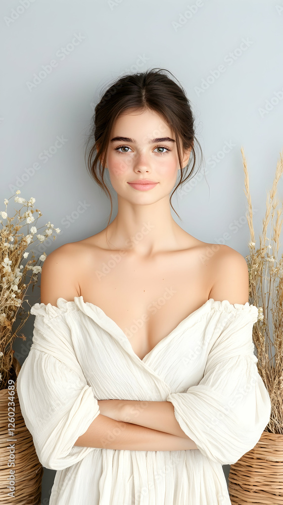 Young woman in a white dress poses with her arms crossed at home, cozy background
