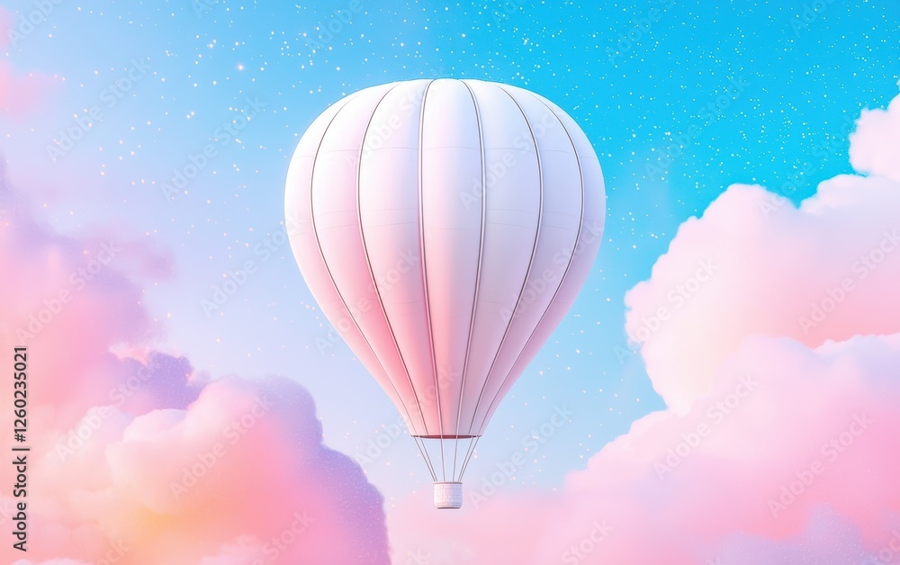 Fototapeta premium A whimsical hot air balloon in soft pastel colors, floating above a dreamy sunset sky filled with tiny glowing stars
