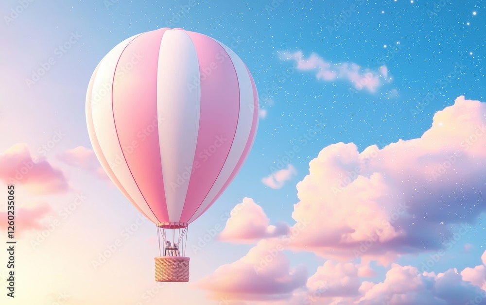 Fototapeta premium A whimsical hot air balloon in soft pastel colors, floating above a dreamy sunset sky filled with tiny glowing stars