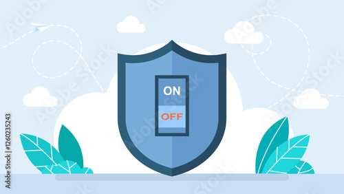 Switch on the shield. Turn on the protection. Turning on the security and protection system. Activate antivirus software or shields. Information or network security concept. Vector illustration