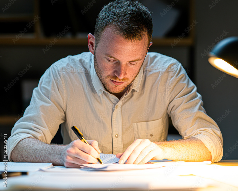 Focused man writing ideas at desk modern office creative process indoor close-up Focused man writing ideas at desk modern office creative process indoor close-up
