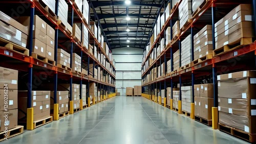 Wallpaper Mural Spacious industrial warehouse with organized storage shelves and stacked boxes. Torontodigital.ca