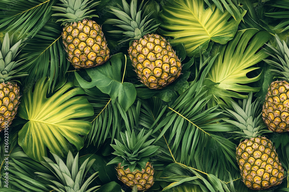 Tropical pattern with pineapples and palm leaves in juicy green and yellow shades, textures, patterns Tropical pattern with pineapples and palm leaves in juicy green and yellow shades, textures, patterns