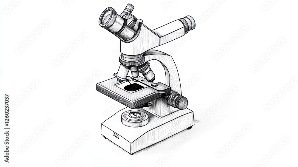 Microscope drawing, science lab, research, white background, education Microscope drawing, science lab, research, white background, education