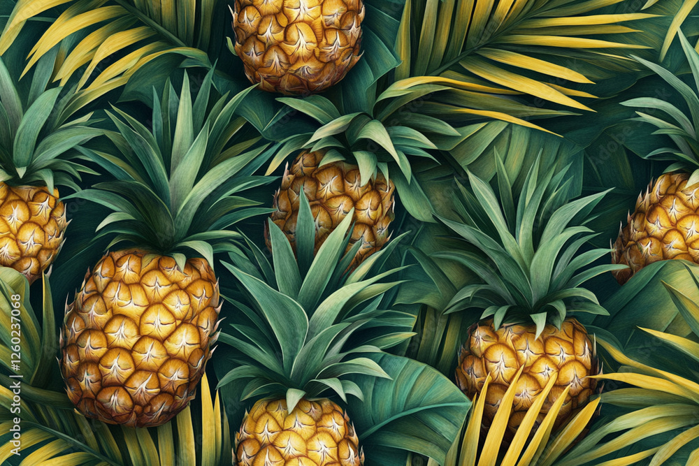 Tropical pattern with pineapples and palm leaves in juicy green and yellow shades, textures, patterns Tropical pattern with pineapples and palm leaves in juicy green and yellow shades, textures, patterns