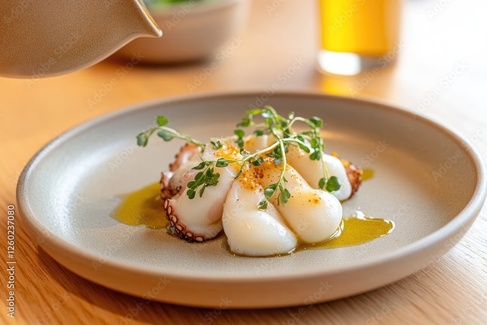 Sous Vide Octopus Tentacles Served With Olive Oil on a Ceramic Dish in a Modern Dining Setting Sous Vide Octopus Tentacles Served With Olive Oil on a Ceramic Dish in a Modern Dining Setting