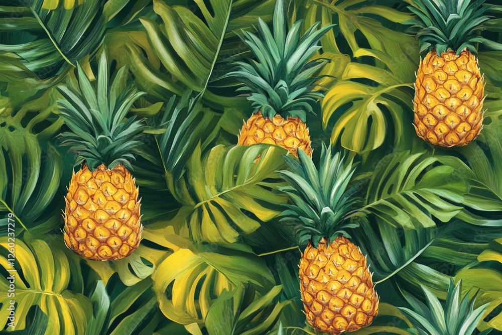 Tropical pattern with pineapples and palm leaves in juicy green and yellow shades, textures, patterns Tropical pattern with pineapples and palm leaves in juicy green and yellow shades, textures, patterns