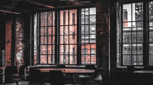 Industrial Workspace Featuring Large Windows with Urban Cityscape Views at Dusk
