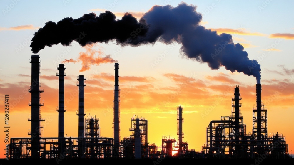 Industrial Skyline with Smoke Stacks Against a Vibrant Sunset Sky Reflecting Pollution Industrial Skyline with Smoke Stacks Against a Vibrant Sunset Sky Reflecting Pollution
