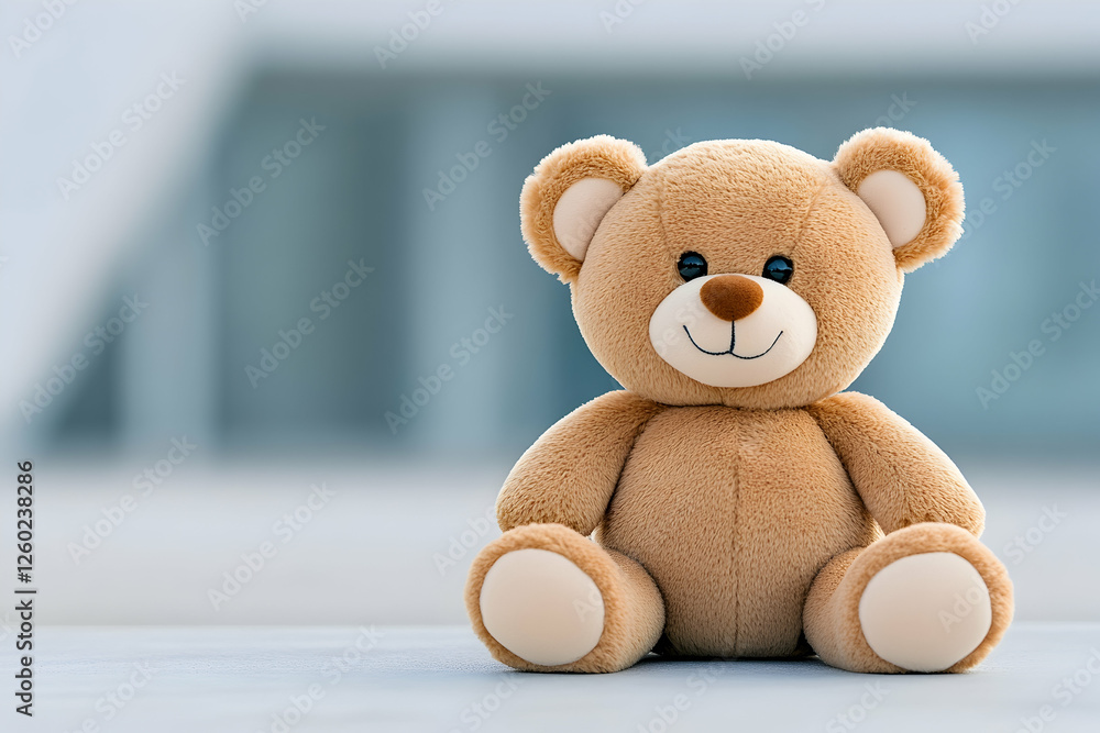 Obraz premium Cute teddy bear toy on a table with neutral background for kids marketing image