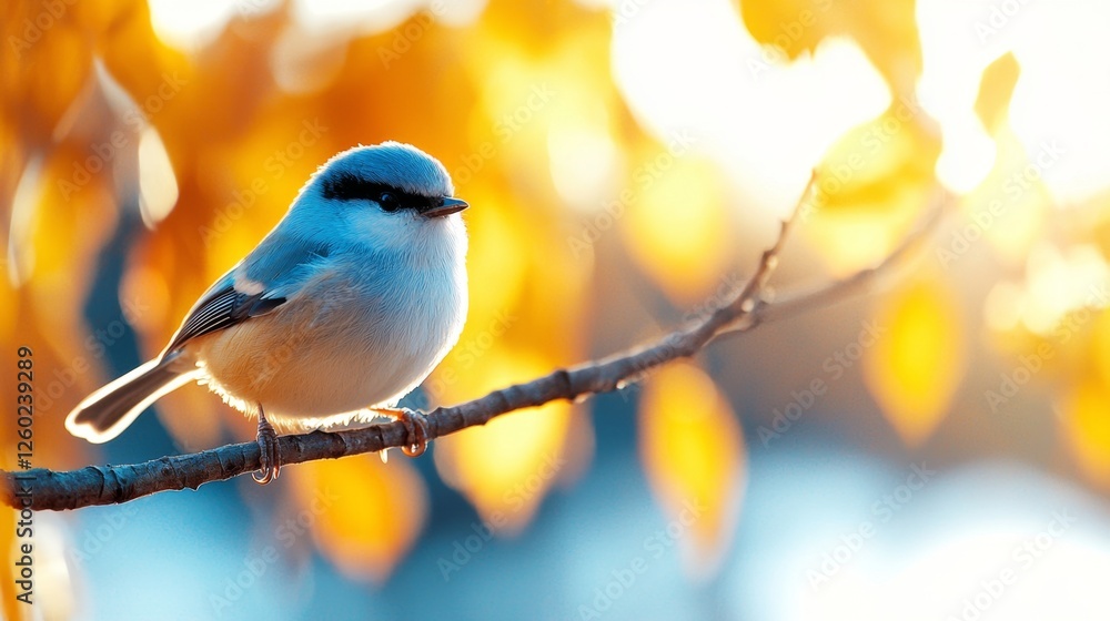 a small blue bird perched atop a tree branch against a backdrop of yellow leaves a small blue bird perched atop a tree branch against a backdrop of yellow leaves