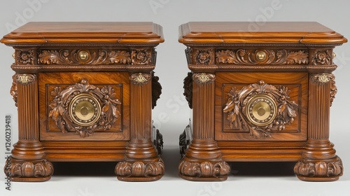 Ornate carved wooden nightstands in a classic interior setting photo