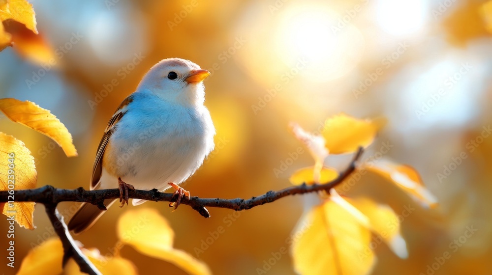 a small bird perched atop a tree branch surrounded by yellow leaves The background is slightly blurred, giving the bird a sense of focus and prominence a small bird perched atop a tree branch surrounded by yellow leaves The background is slightly blurred, giving the bird a sense of focus and prominence