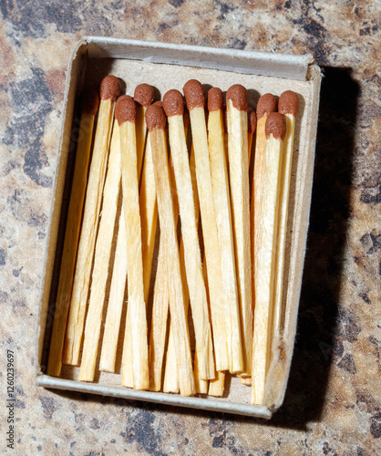 A box of matches sits on a table photo