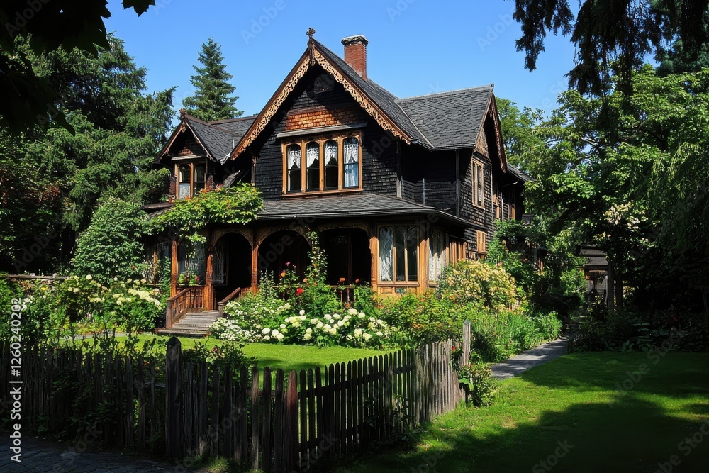 Charming Victorian-style home nestled in lush greenery. Charming Victorian-style home nestled in lush greenery.