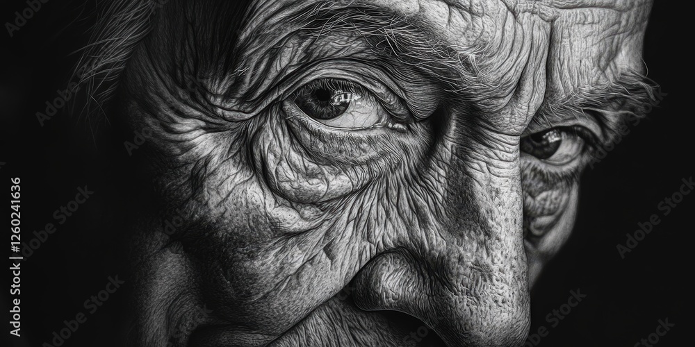 An intimate black-and-white close-up captures an elderly man's expressive eyes amidst sharply-defined, softly-blurred facial wrinkles, evoking timeless stories etched in time. An intimate black-and-white close-up captures an elderly man's expressive eyes amidst sharply-defined, softly-blurred facial wrinkles, evoking timeless stories etched in time.