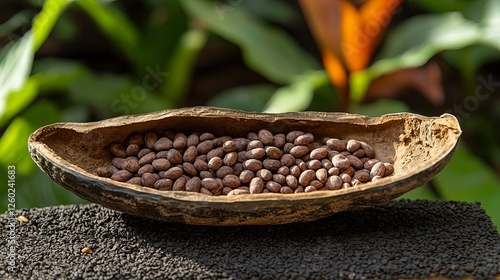 World Chocolate Day celebration Cocoa pod with beans in natural setting. photo