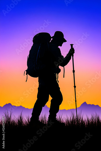 Hiker with backpack and hiking pole at sunset background. Stock photo for travel photo