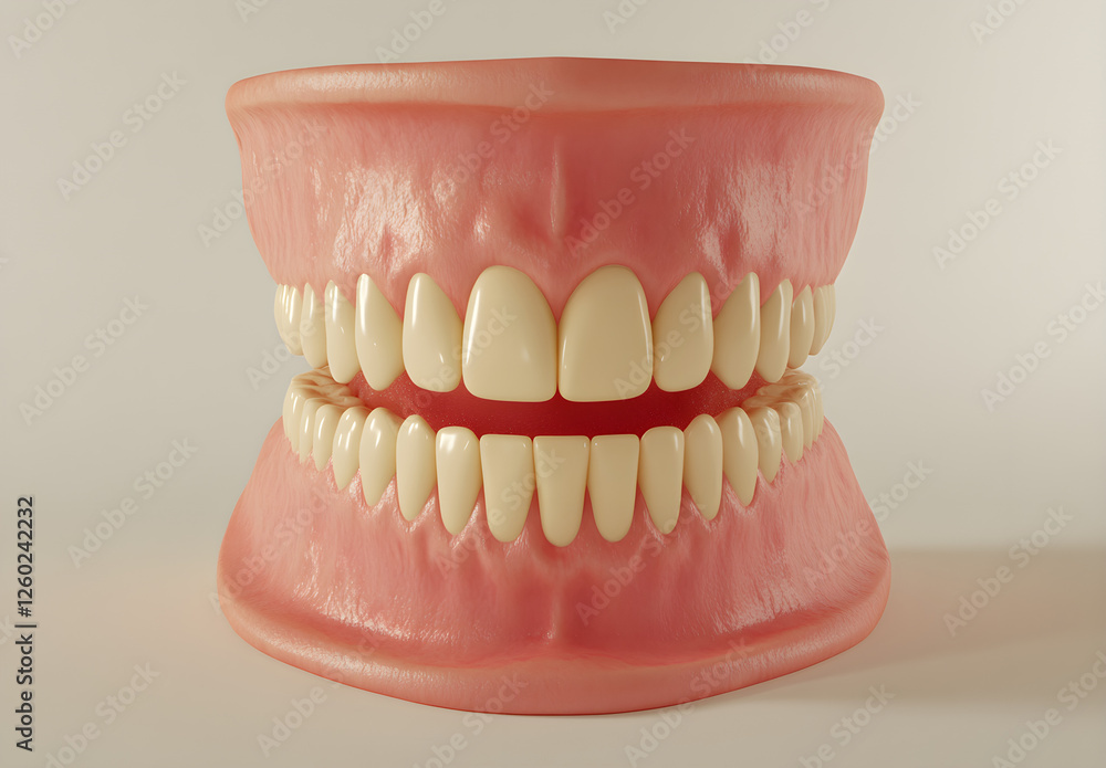 Obraz premium Close-up of full upper and lower teeth, model on a white background, dental modeling in resin gloves, soft lighting, advertising photography, high resolution. 