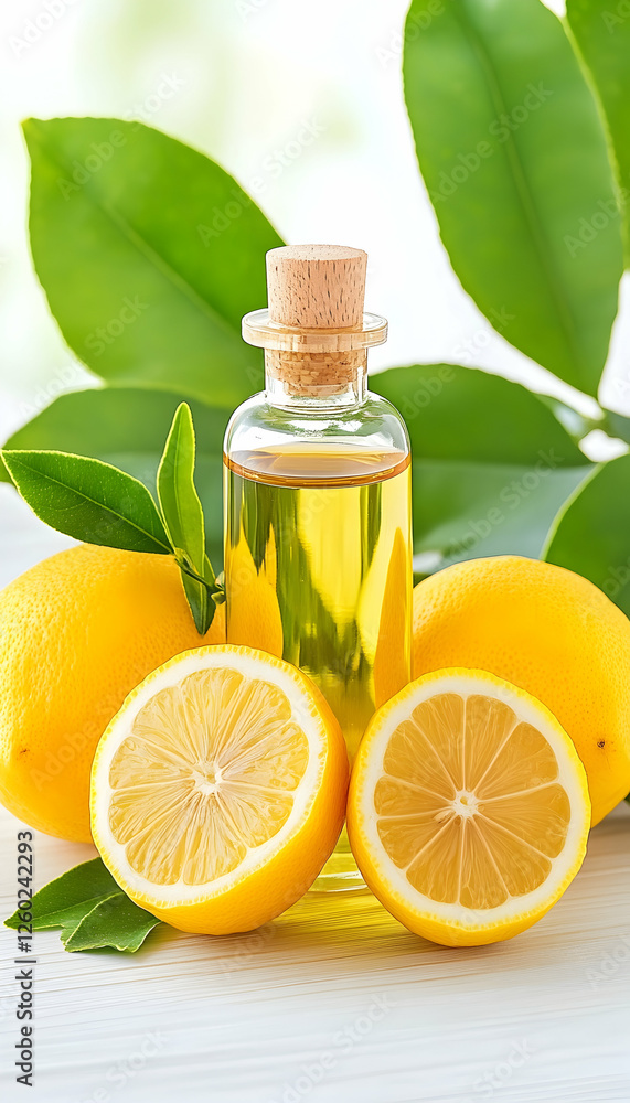 Lemon oil in bottle with sliced lemons and green leaves for aromatherapy use Lemon oil in bottle with sliced lemons and green leaves for aromatherapy use