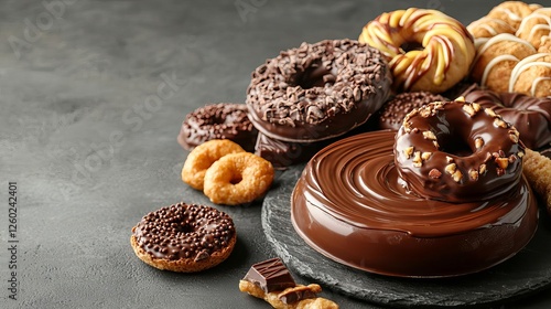 World Chocolate Day celebration Delicious assortment of chocolate donuts and pastries. photo