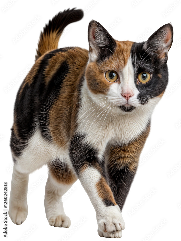 Walking calico cat with detailed fur pattern isolated on a transparent background Walking calico cat with detailed fur pattern isolated on a transparent background