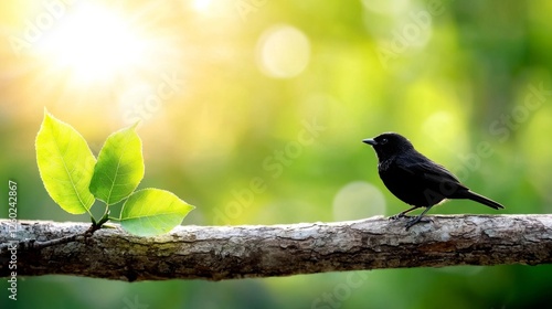  a black bird perched atop a tree branch with a few green leaves in the background, which is slightly blurred