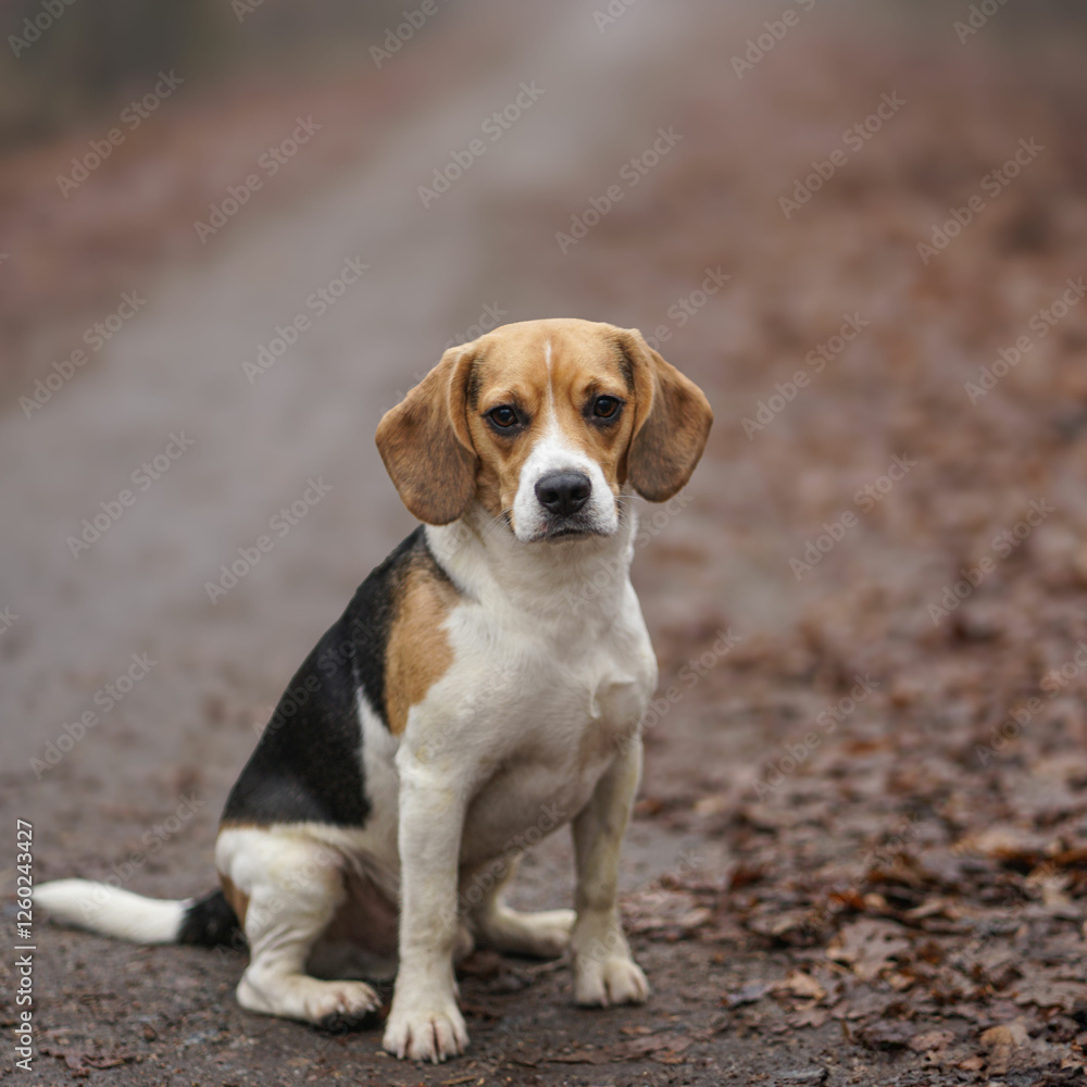 Beagle dog sitting on the ground, blurred background, high resolution Beagle dog sitting on the ground, blurred background, high resolution